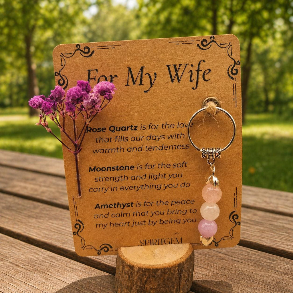 Personalised Wife Keyring, Rose Quartz Moonstone Amethyst Gemstone Charm