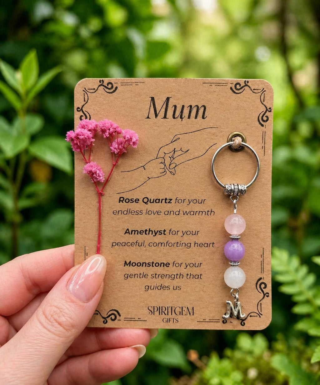 Personalised Mum Gemstone Keepsake: Rose Quartz, Amethyst, Moonstone (UK Handmade)
