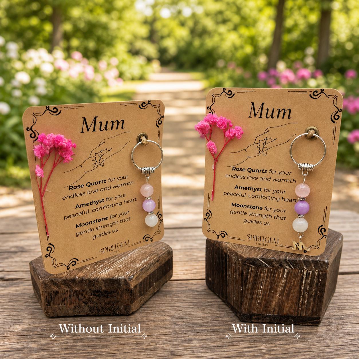 Personalised Mum Gemstone Keepsake: Rose Quartz, Amethyst, Moonstone (UK Handmade)