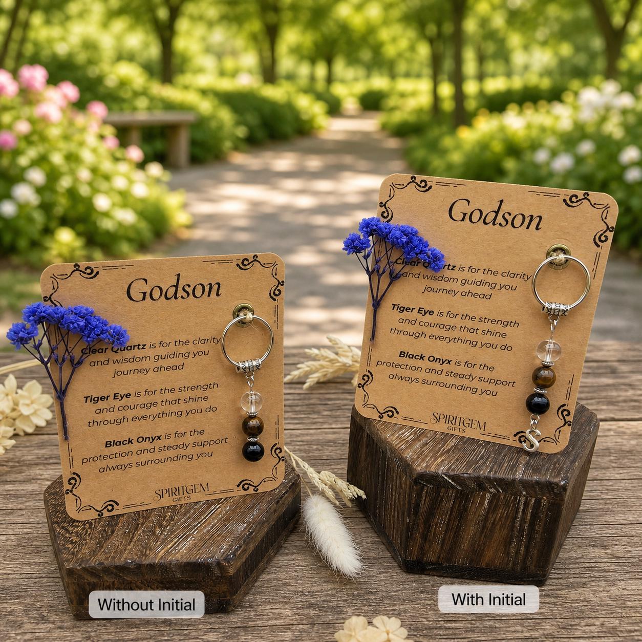 Personalised Godson Keepsake: Baptism, Christening Gift from Godparents (Clear Quartz, Tiger Eye, Black Onyx)