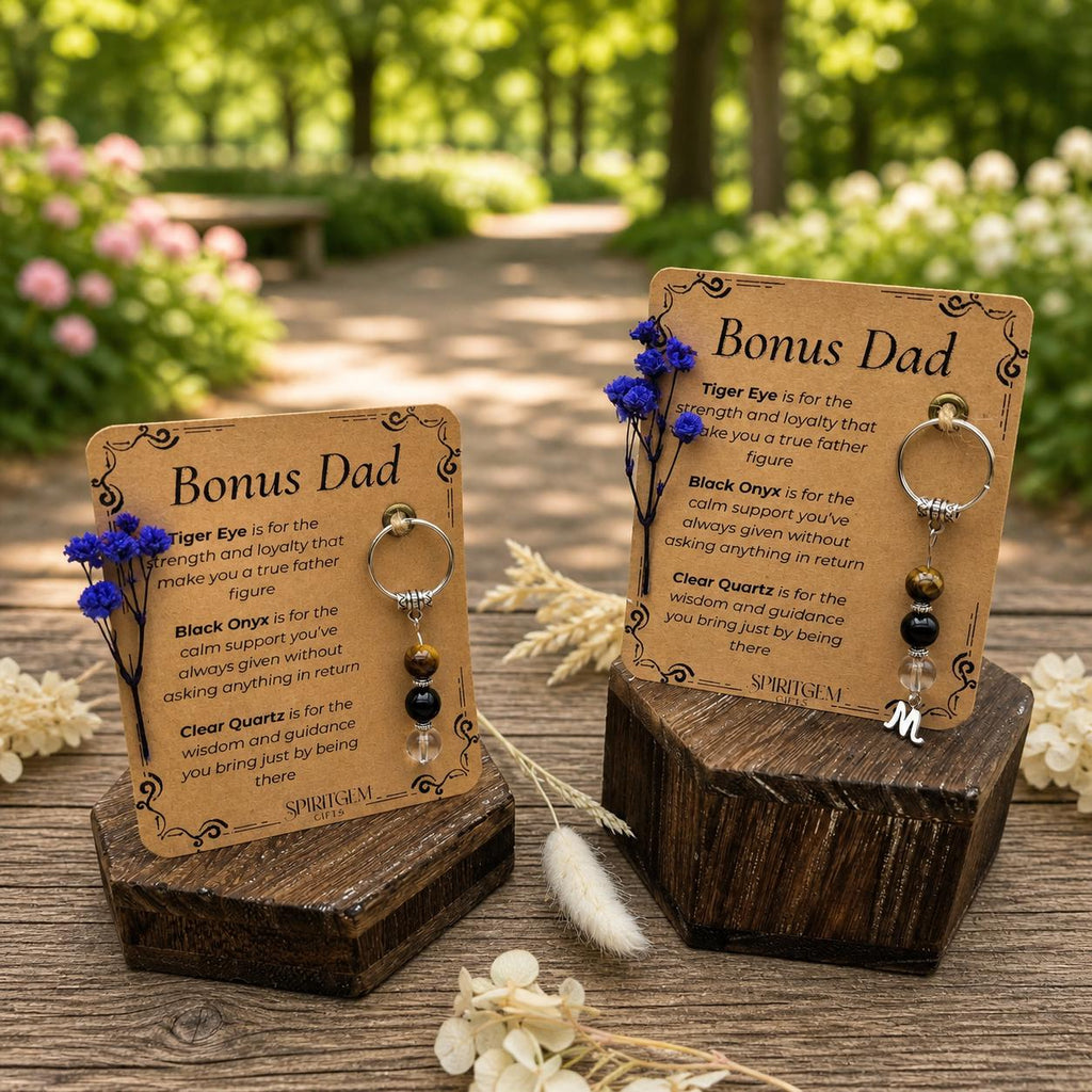 Personalised Bonus Dad Keepsake: Tiger Eye, Black Onyx, Clear Quartz Charm