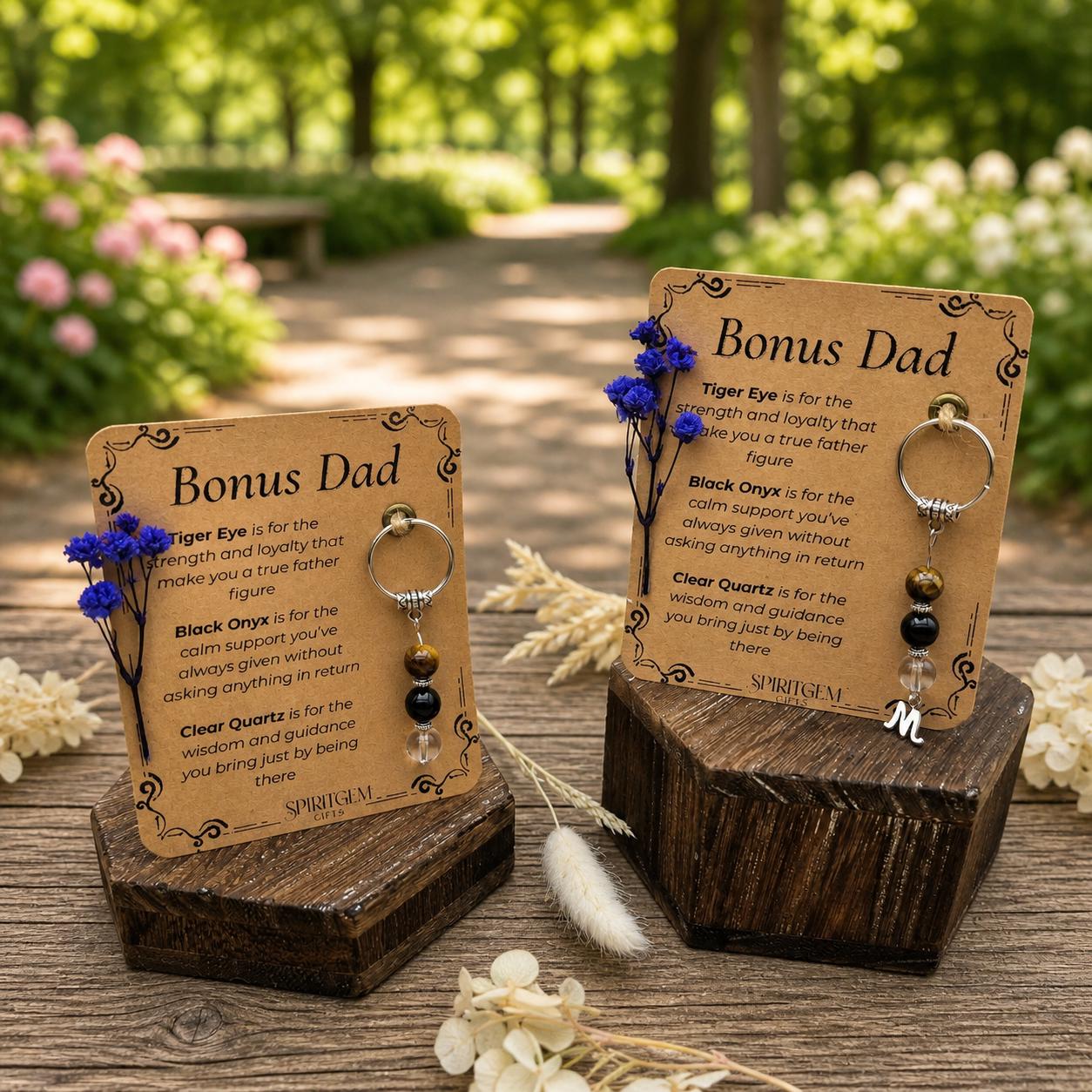 Personalised Bonus Dad Keepsake: Tiger Eye, Black Onyx, Clear Quartz Charm