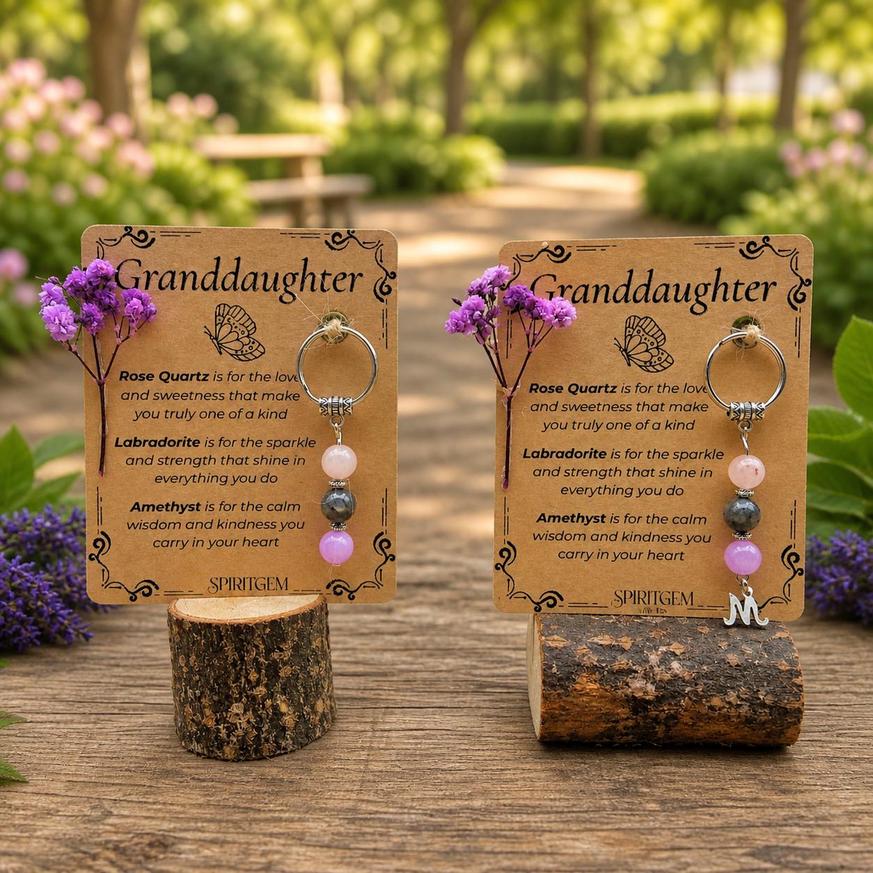 Personalised Granddaughter Crystal Keyring, Rose Quartz, Labradorite, Amethyst Keepsake