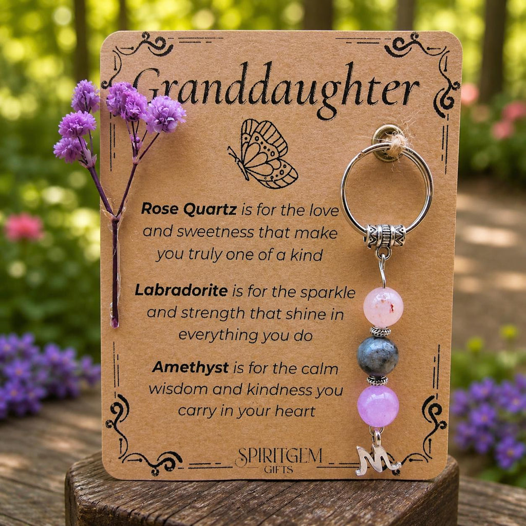 Personalised Granddaughter Crystal Keyring, Rose Quartz, Labradorite, Amethyst Keepsake