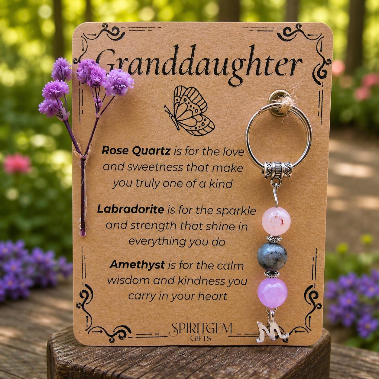 Personalised Granddaughter Crystal Keyring, Rose Quartz, Labradorite, Amethyst Keepsake