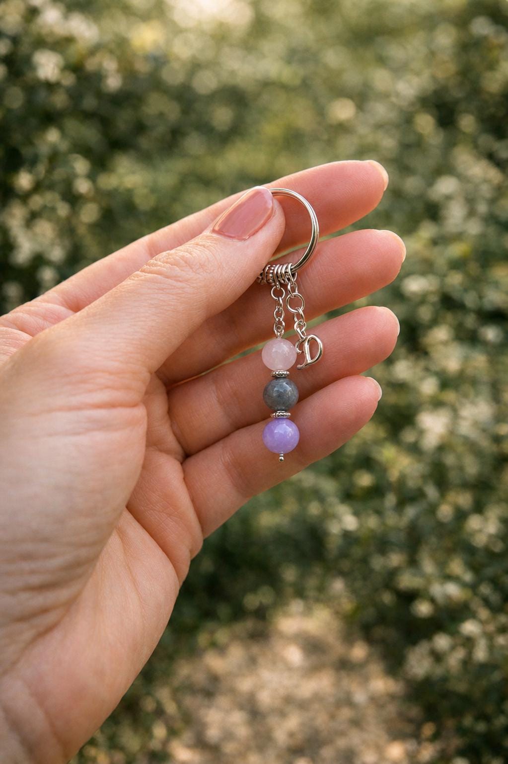 Personalised Granddaughter Crystal Keyring, Rose Quartz, Labradorite, Amethyst Keepsake