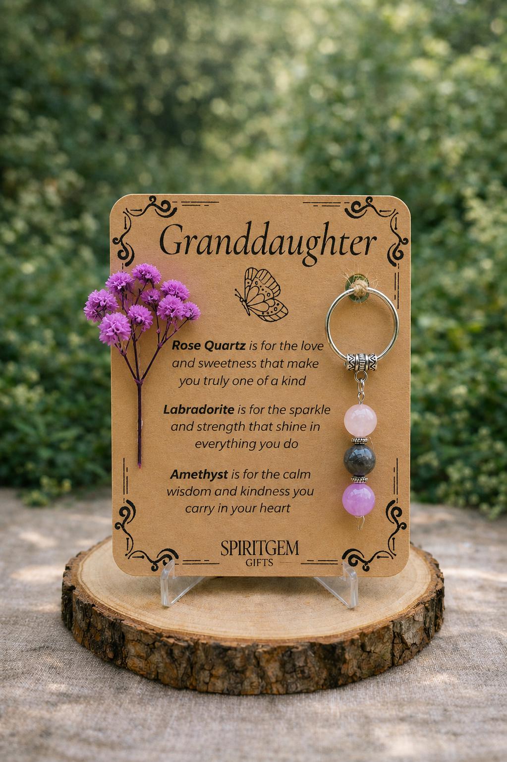 Personalised Granddaughter Crystal Keyring, Rose Quartz, Labradorite, Amethyst Keepsake