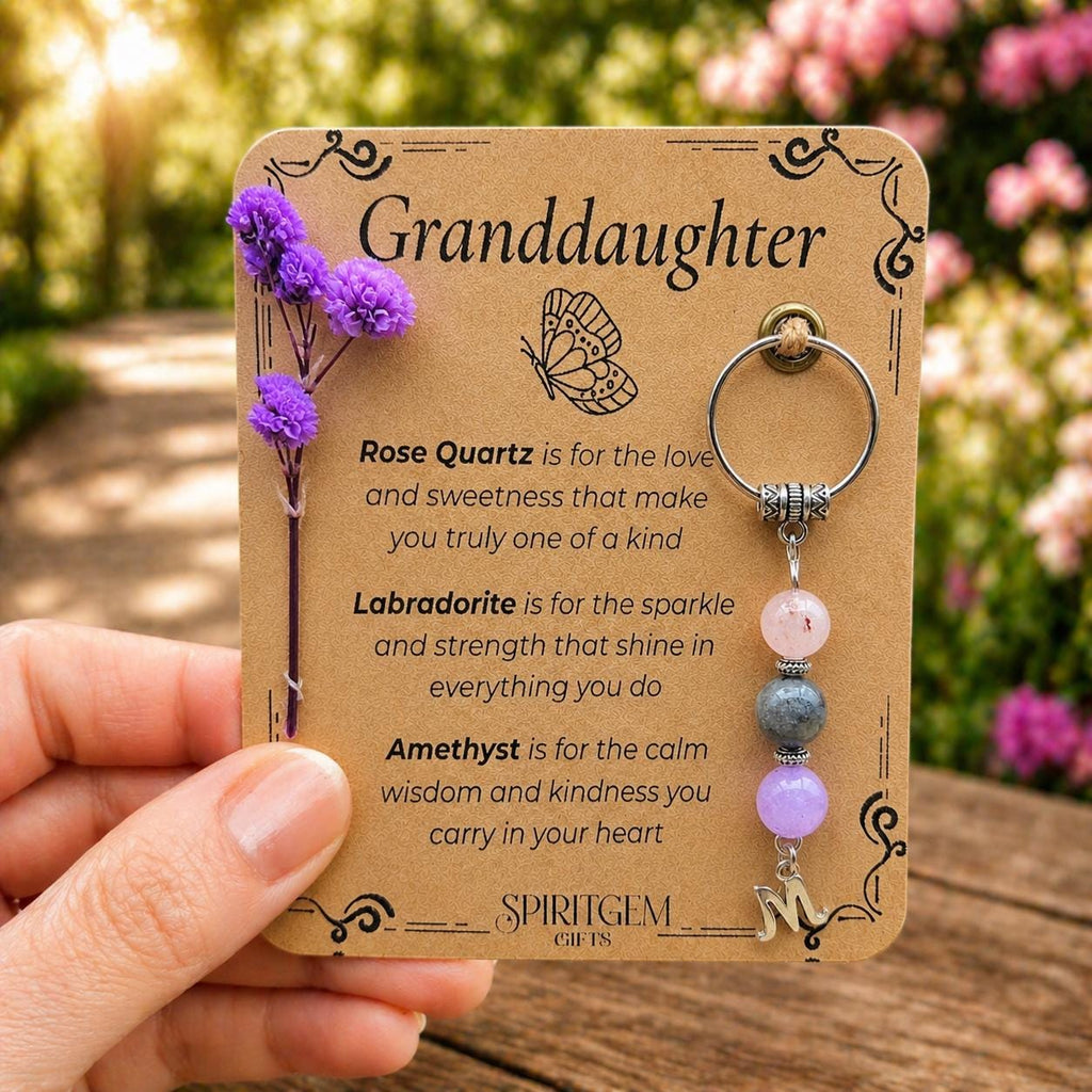 Personalised Granddaughter Crystal Keyring, Rose Quartz, Labradorite, Amethyst Keepsake