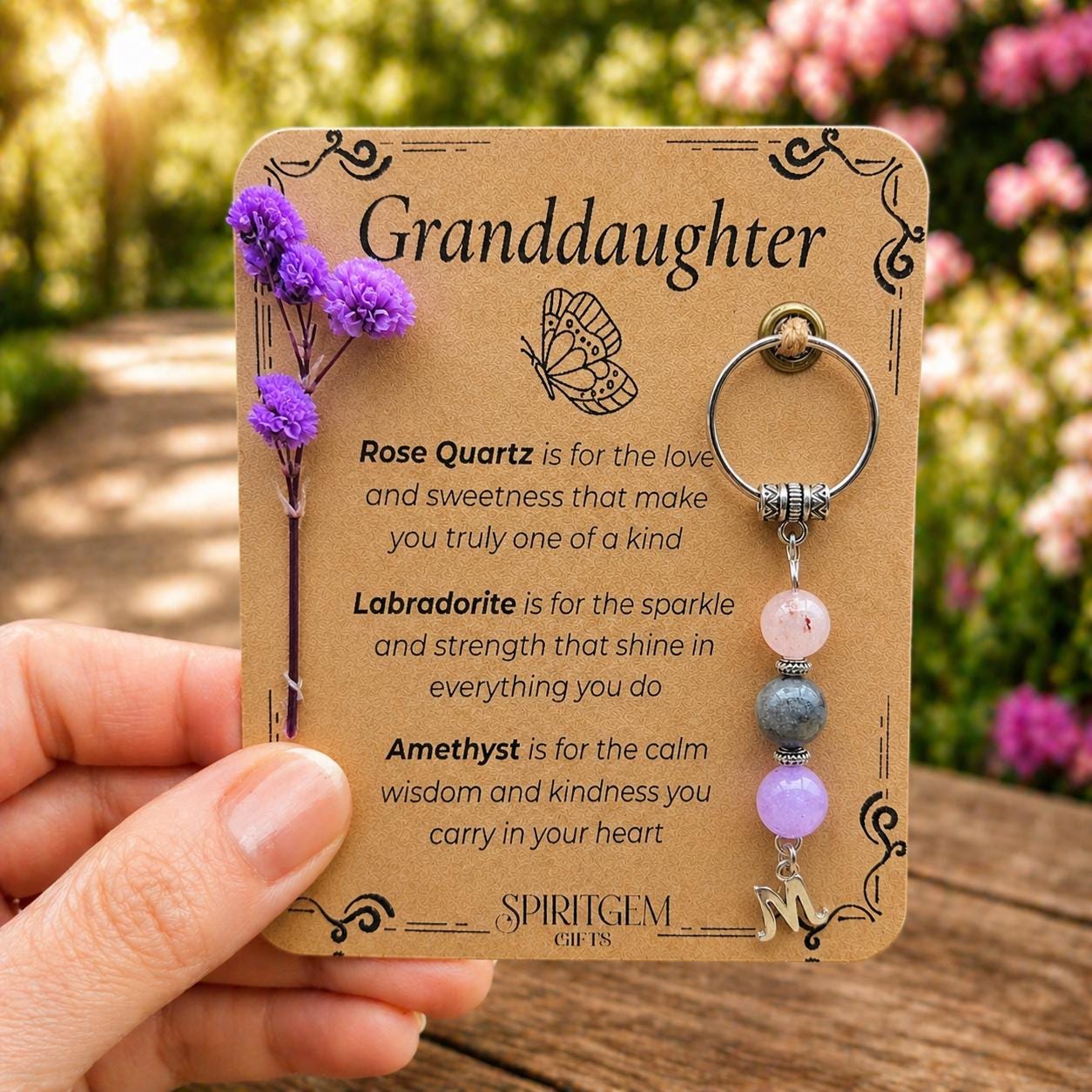 Personalised Granddaughter Crystal Keyring, Rose Quartz, Labradorite, Amethyst Keepsake