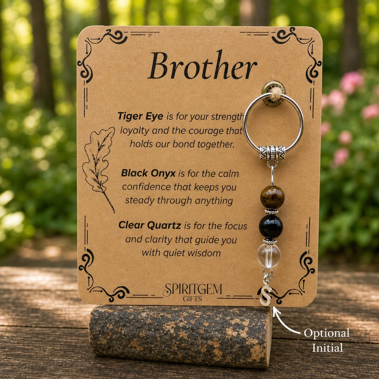 Personalised Brother Crystal Keychain, Tiger Eye, Black Onyx, Clear Quartz Keepsake
