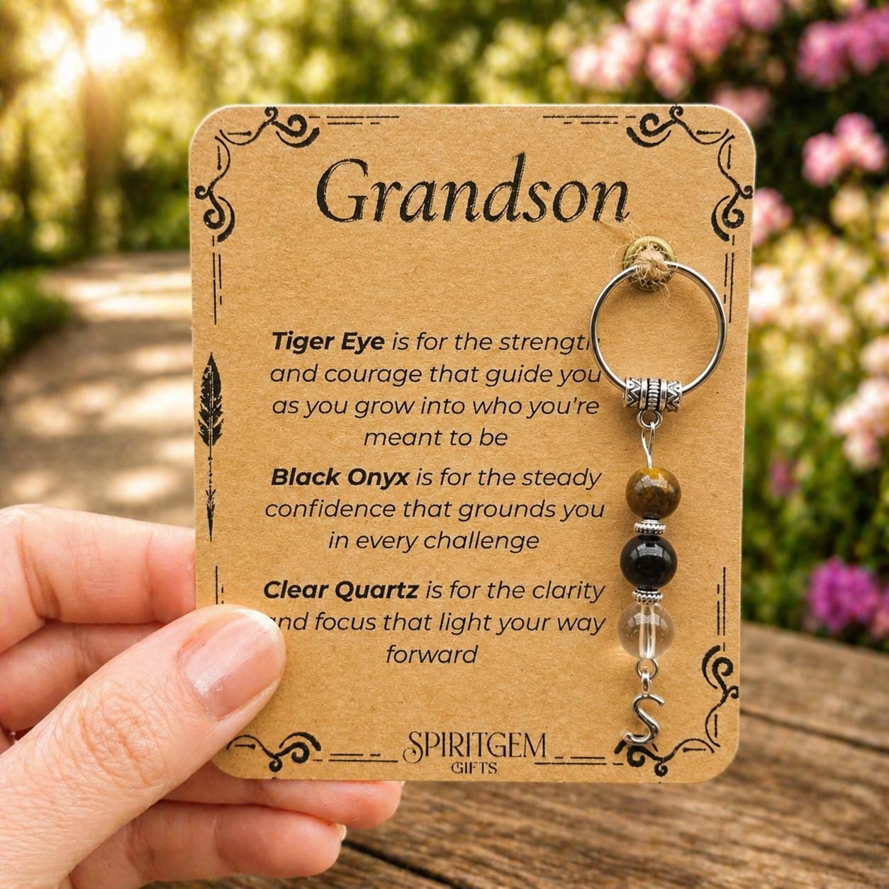 Personalised Grandson Keyring, Tiger Eye, Black Onyx, Clear Quartz, Keepsake