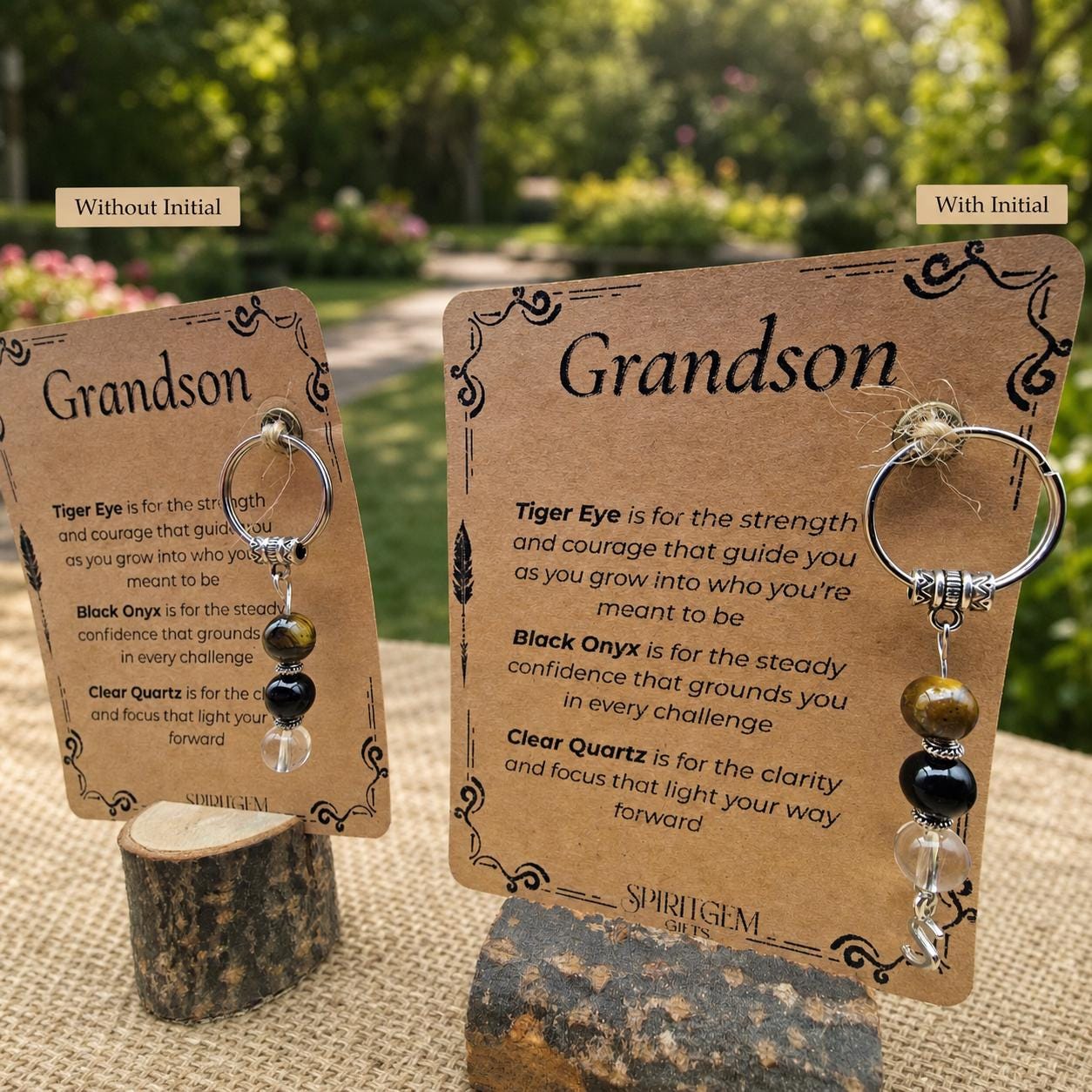 Personalised Grandson Keyring, Tiger Eye, Black Onyx, Clear Quartz, Keepsake
