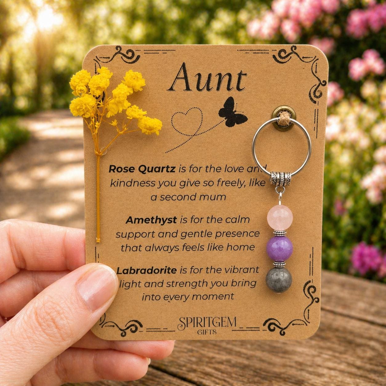 Personalised Aunt Crystal Keychain, Rose Quartz, Amethyst, Labradorite Keepsake