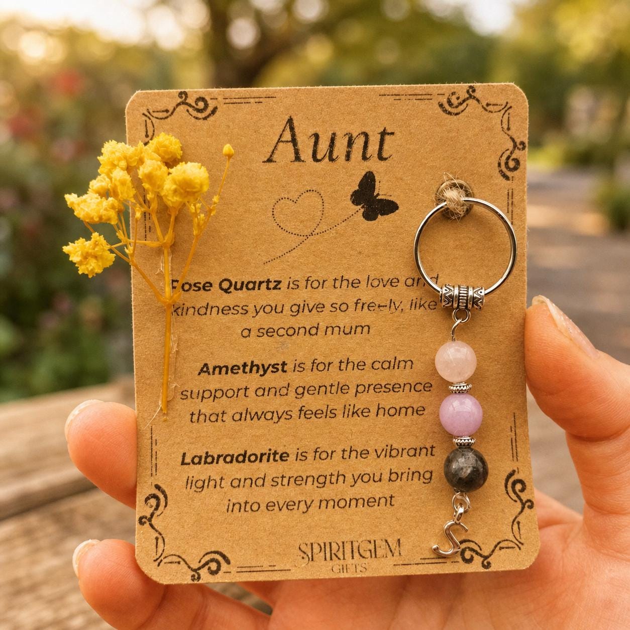 Personalised Aunt Crystal Keychain, Rose Quartz, Amethyst, Labradorite Keepsake