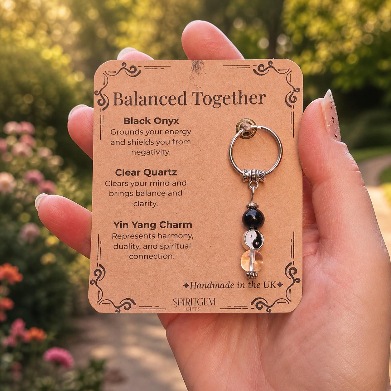Personalised Balance Yin Yang Keychain, Black Onyx Clear Quartz Charm, Mindful Gift