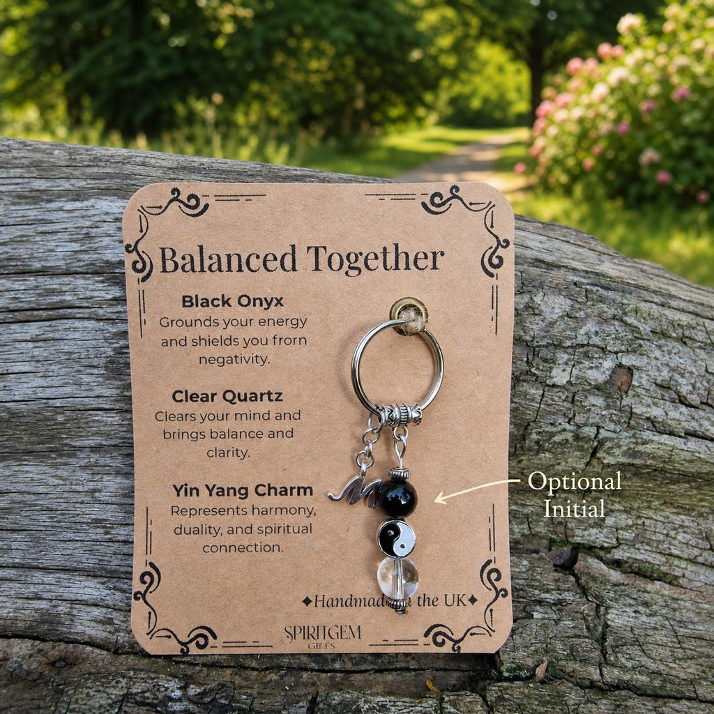 Personalised Balance Yin Yang Keychain, Black Onyx Clear Quartz Charm, Mindful Gift