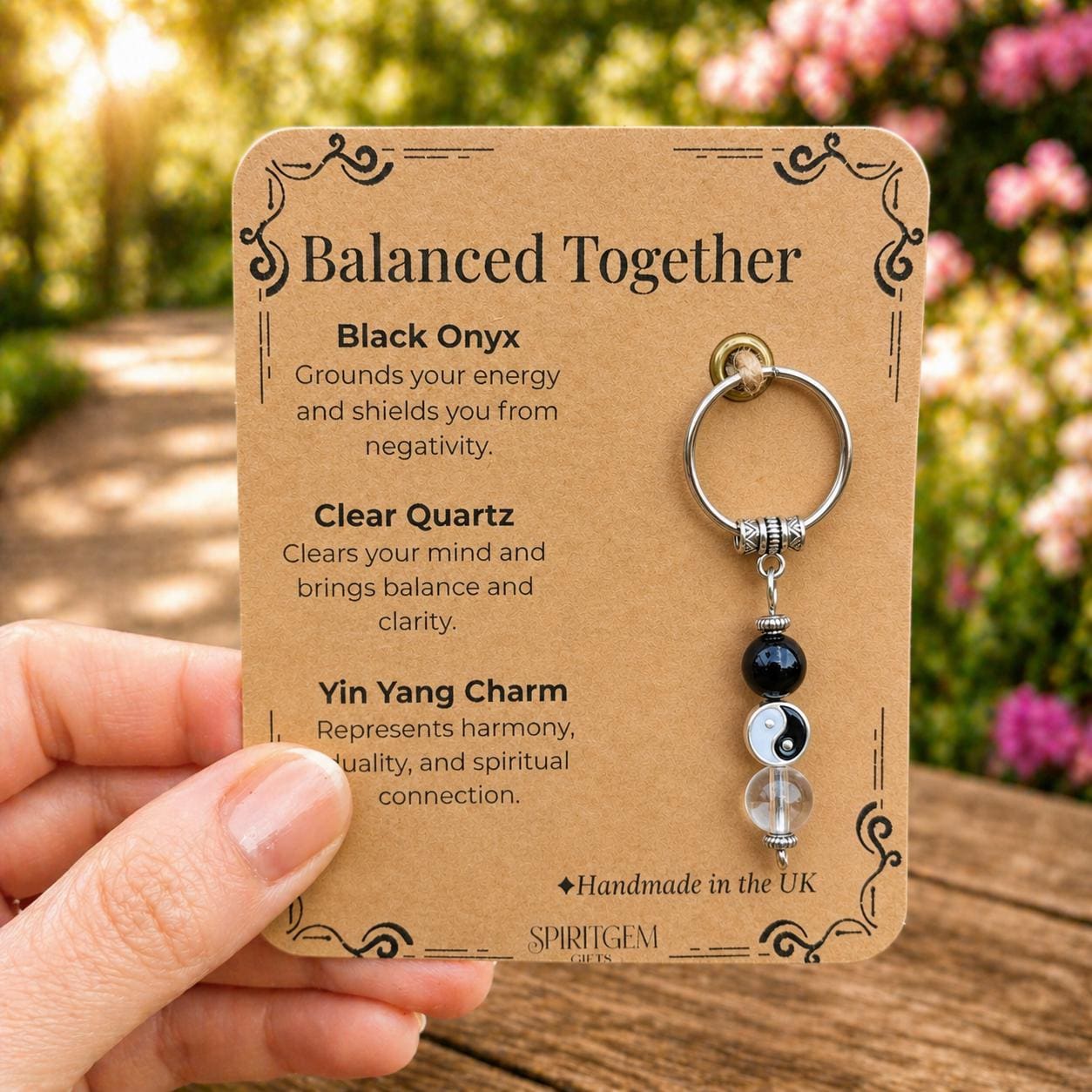 Personalised Balance Yin Yang Keychain, Black Onyx Clear Quartz Charm, Mindful Gift