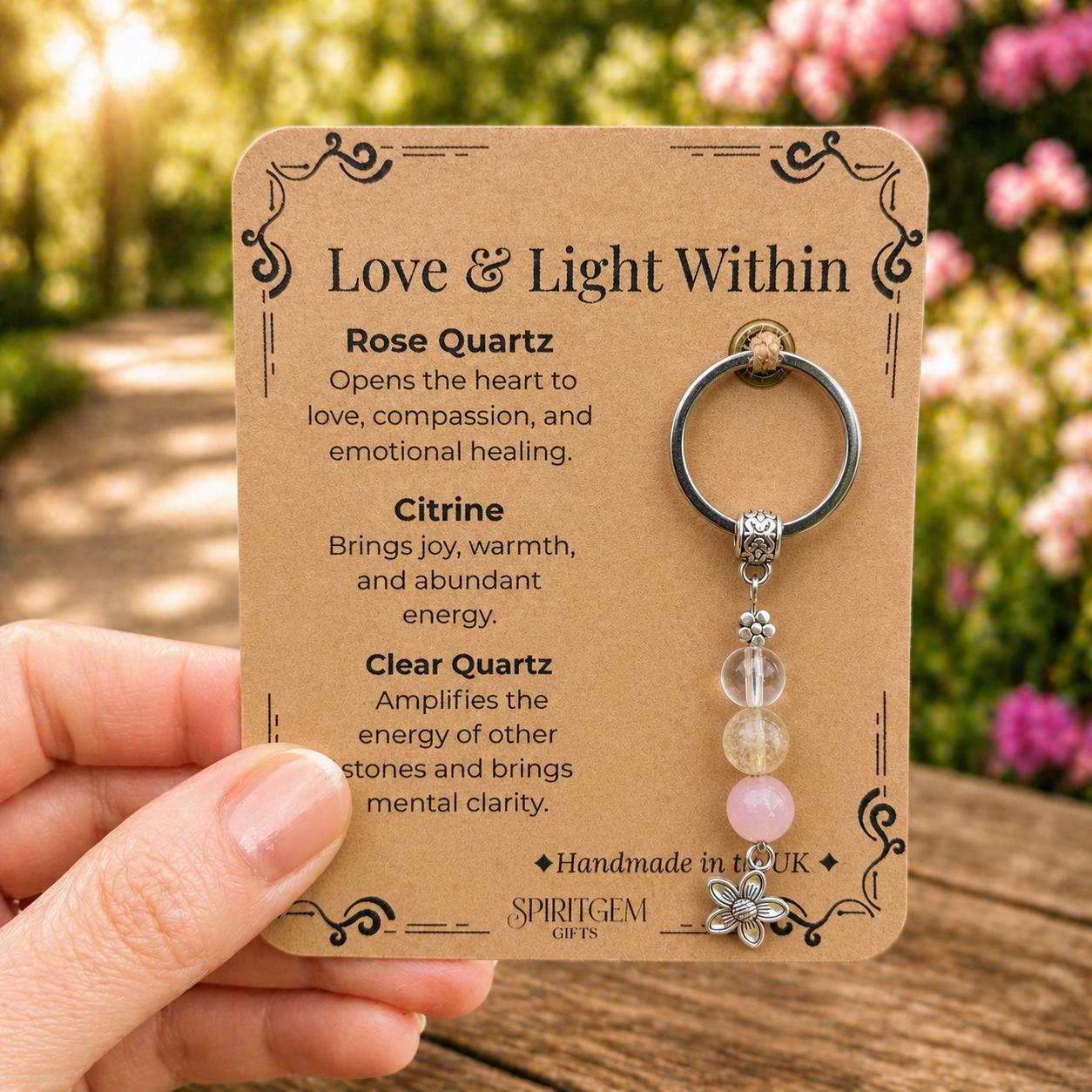 Personalised Rose Quartz Citrine Clear Quartz Keychain, Valentines Gift, Crystal Keyring