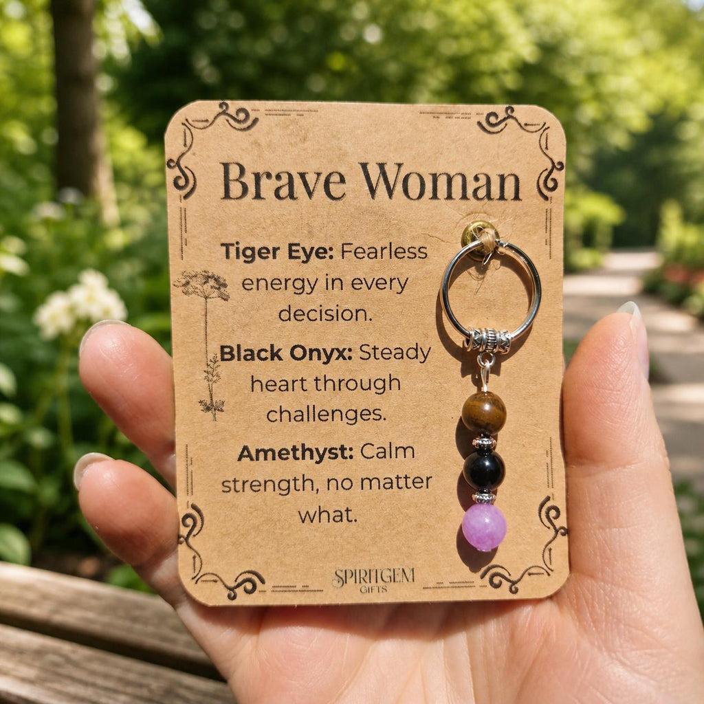 Personalized Brave Woman Gemstone Keyring: Tiger Eye, Onyx, Amethyst