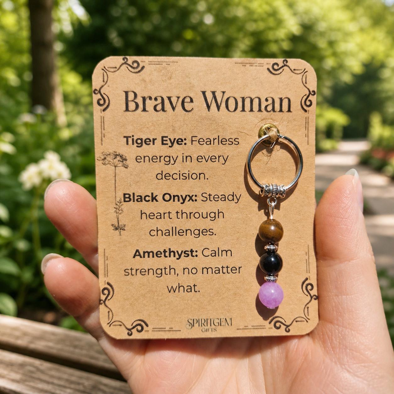 Personalized Brave Woman Gemstone Keyring: Tiger Eye, Onyx, Amethyst