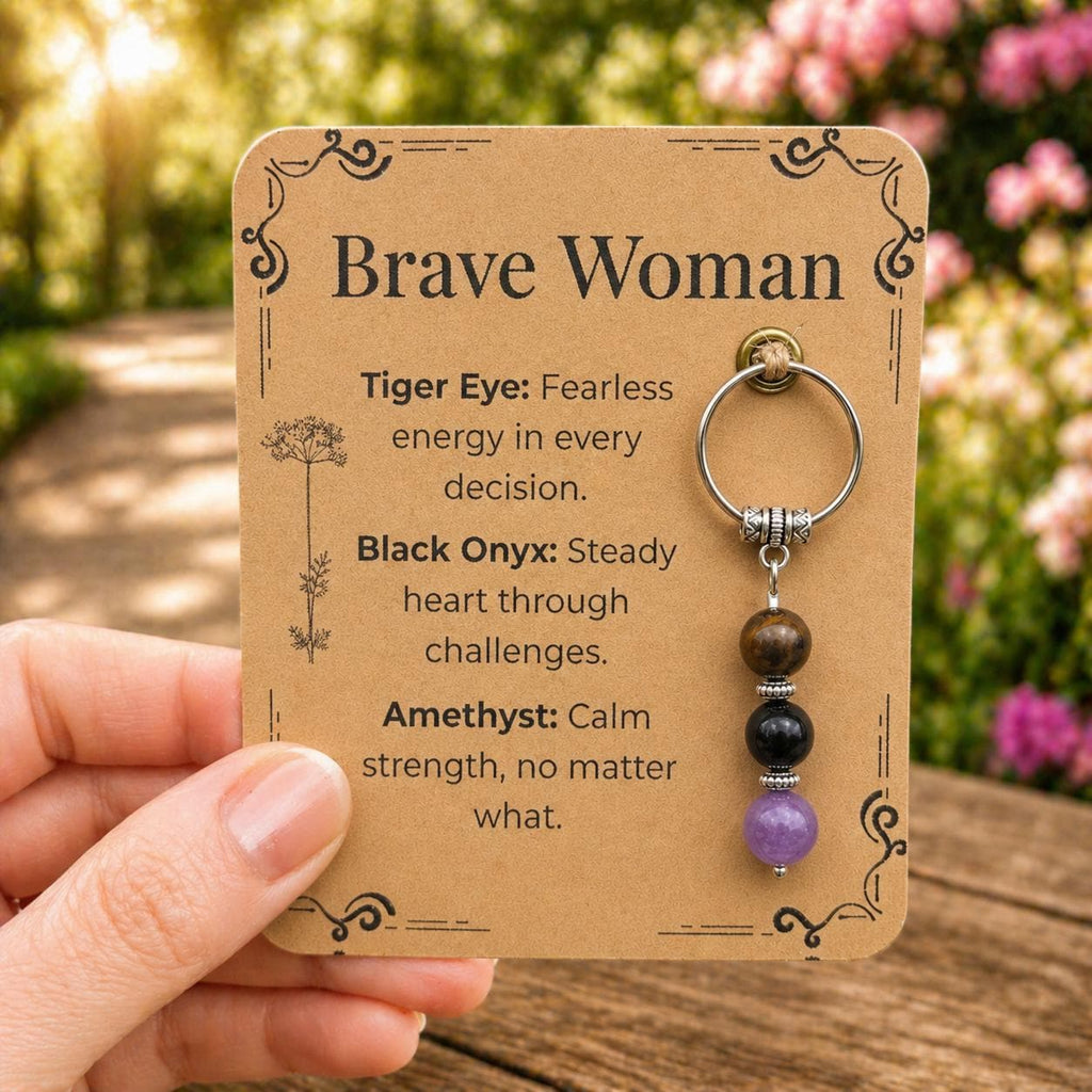 Personalized Brave Woman Gemstone Keyring: Tiger Eye, Onyx, Amethyst