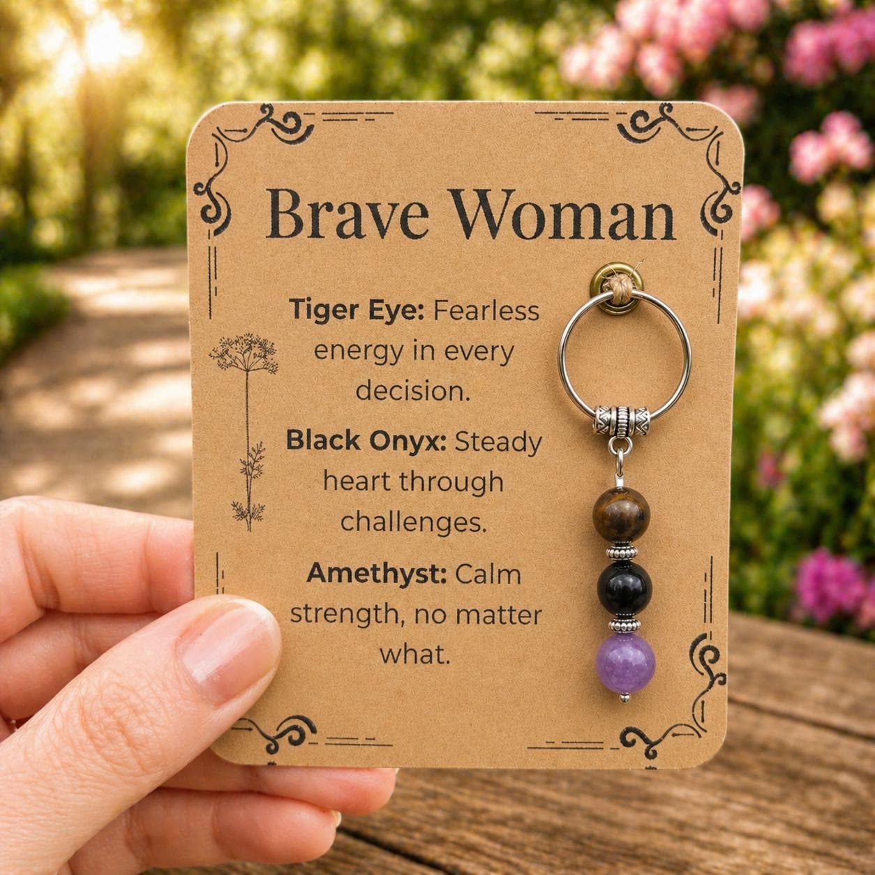 Personalized Brave Woman Gemstone Keyring: Tiger Eye, Onyx, Amethyst