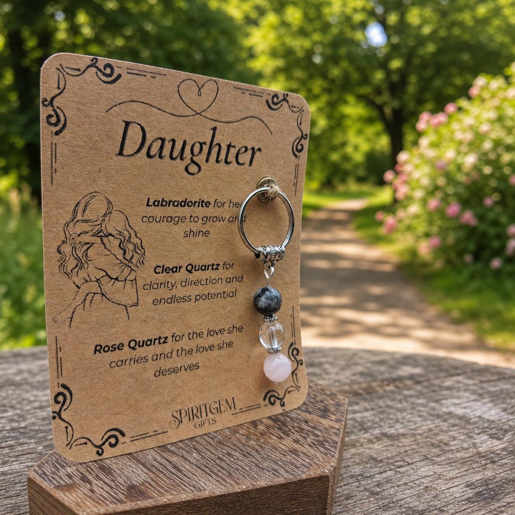Personalised Daughter Crystal Keyring, Labradorite, Clear Quartz, Rose Quartz, Keepsake