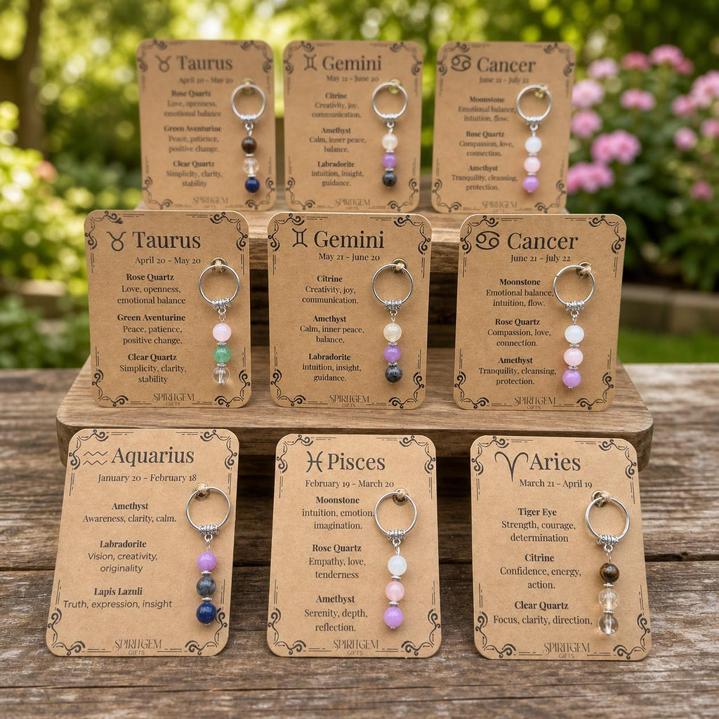 Personalised Zodiac Crystal Keyring, Natural Gemstones, Birthday Gift