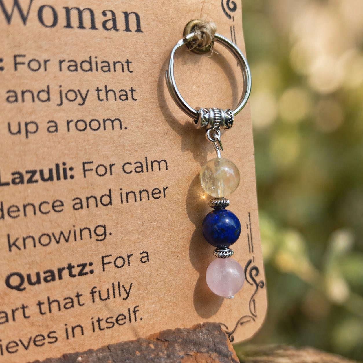 Confident Woman Crystal Keyring: Citrine, Lapis Lazuli, Rose Quartz – Handmade Empowerment Gift