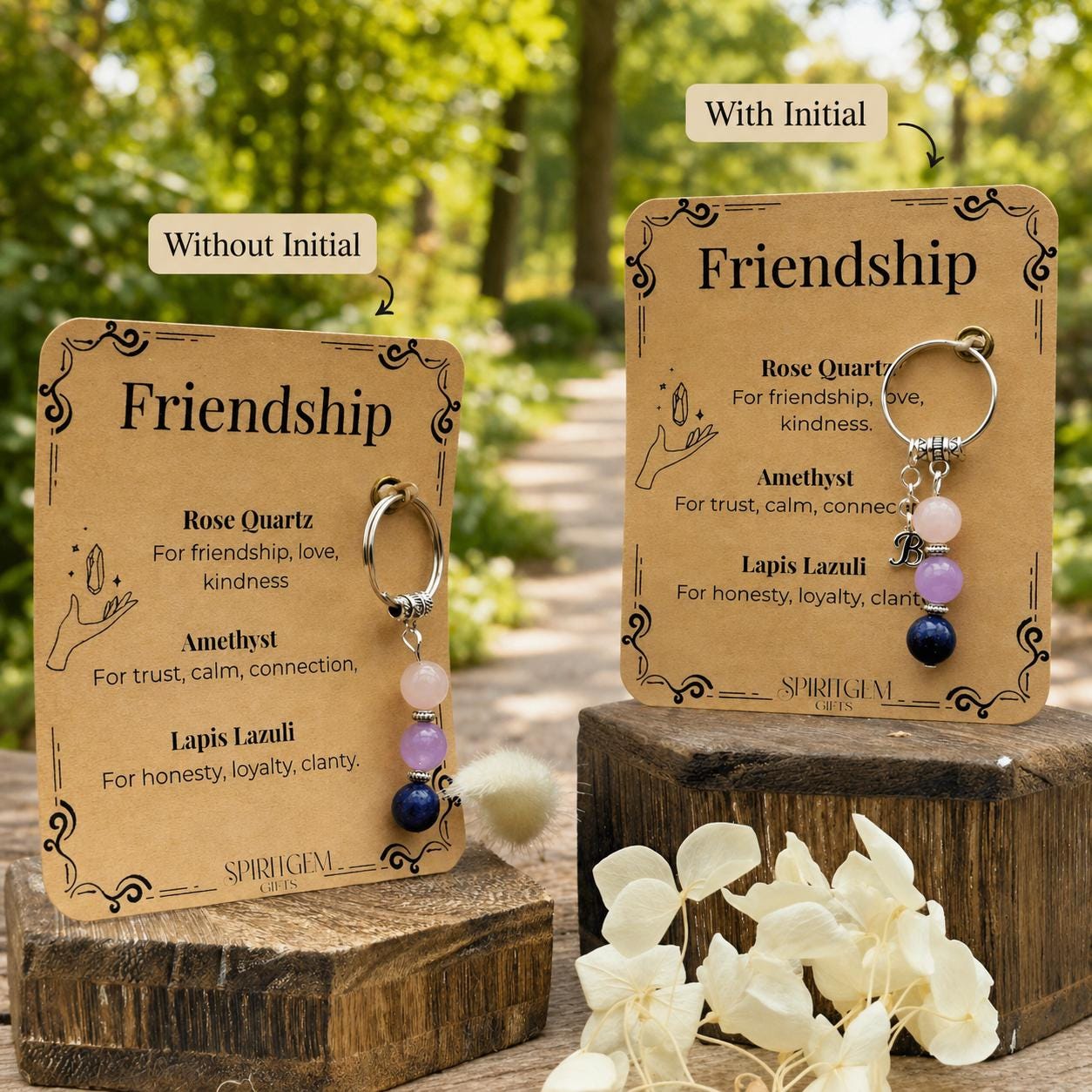 Friendship Keyring, Rose Quartz Amethyst Lapis Lazuli Gemstone Charm
