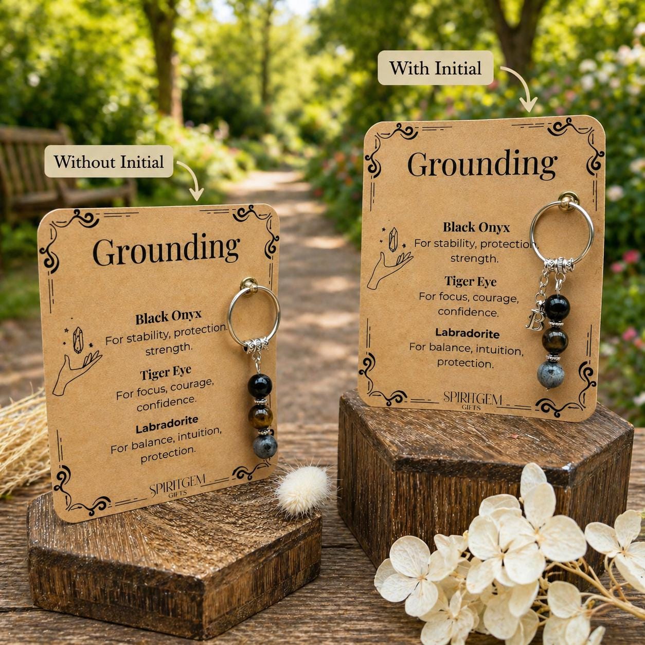 Personalised Grounding Keyring, Black Onyx, Tiger Eye, Labradorite Protection Charm