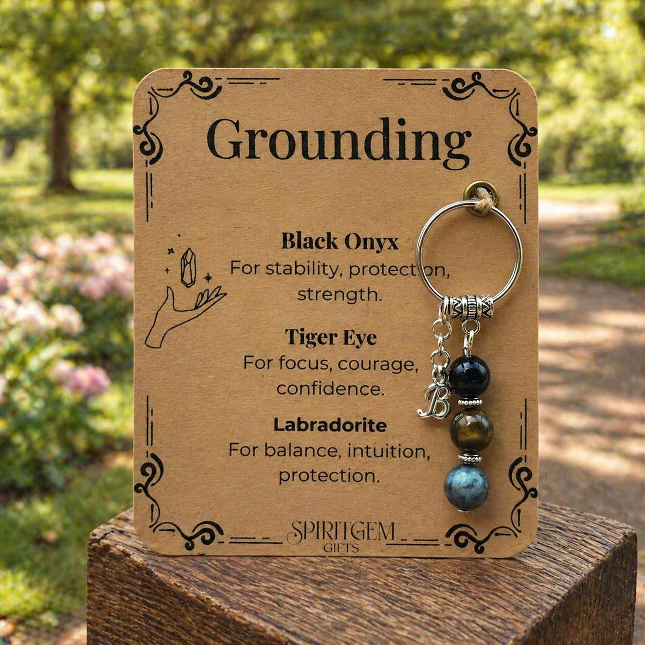 Personalised Grounding Keyring, Black Onyx, Tiger Eye, Labradorite Protection Charm