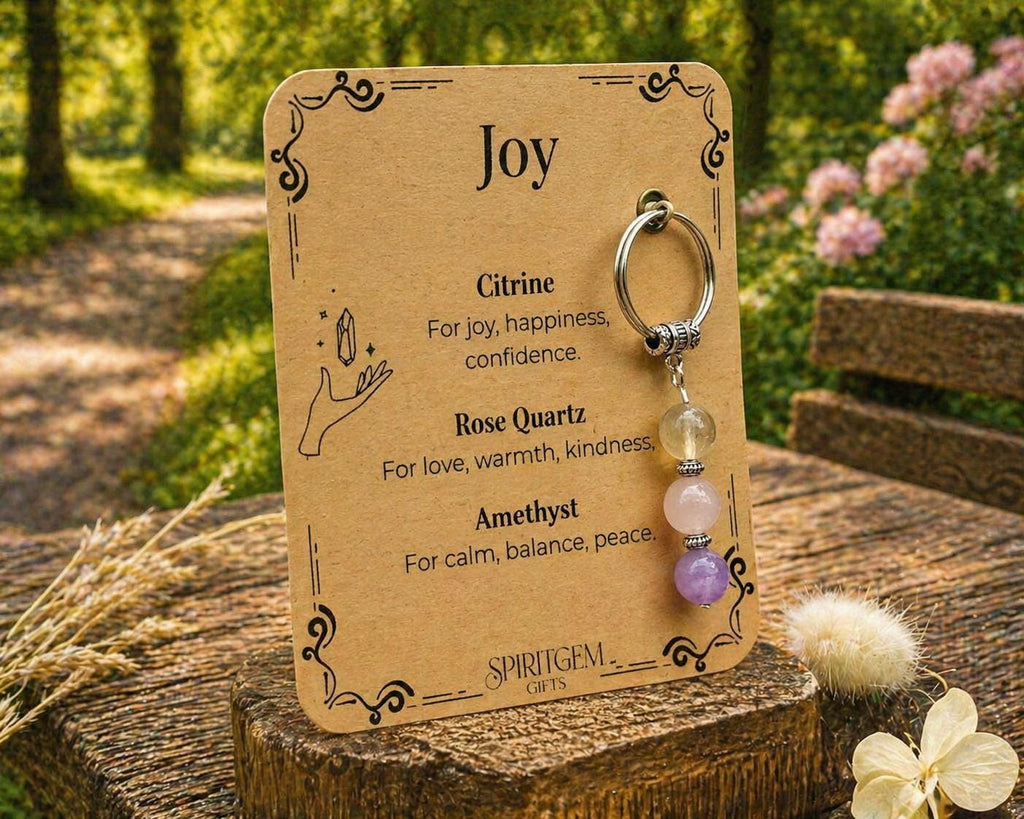 Personalised Gemstone Joy Keyring, Positive Vibes Token, Cheer Up Gift