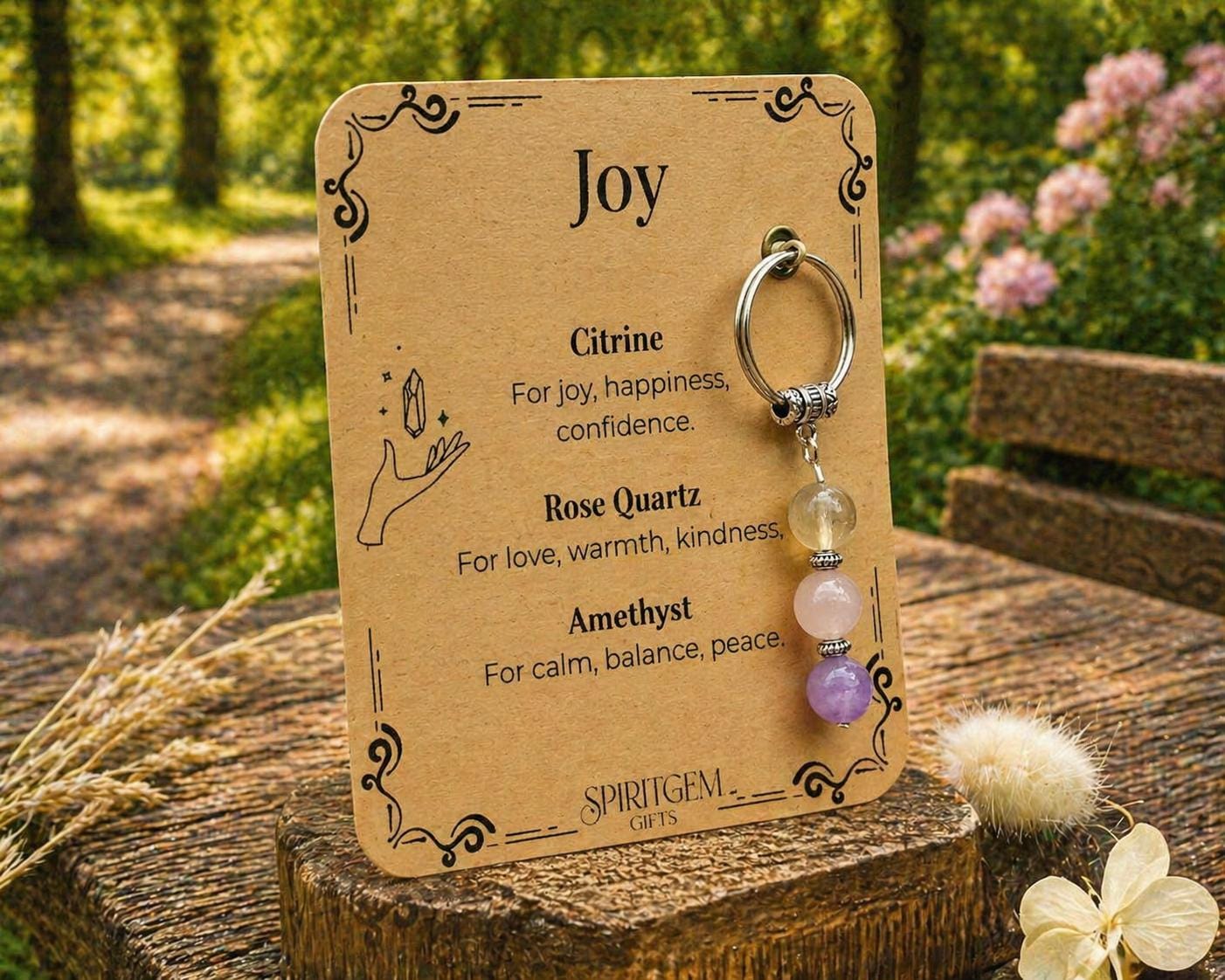 Personalised Gemstone Joy Keyring, Positive Vibes Token, Cheer Up Gift