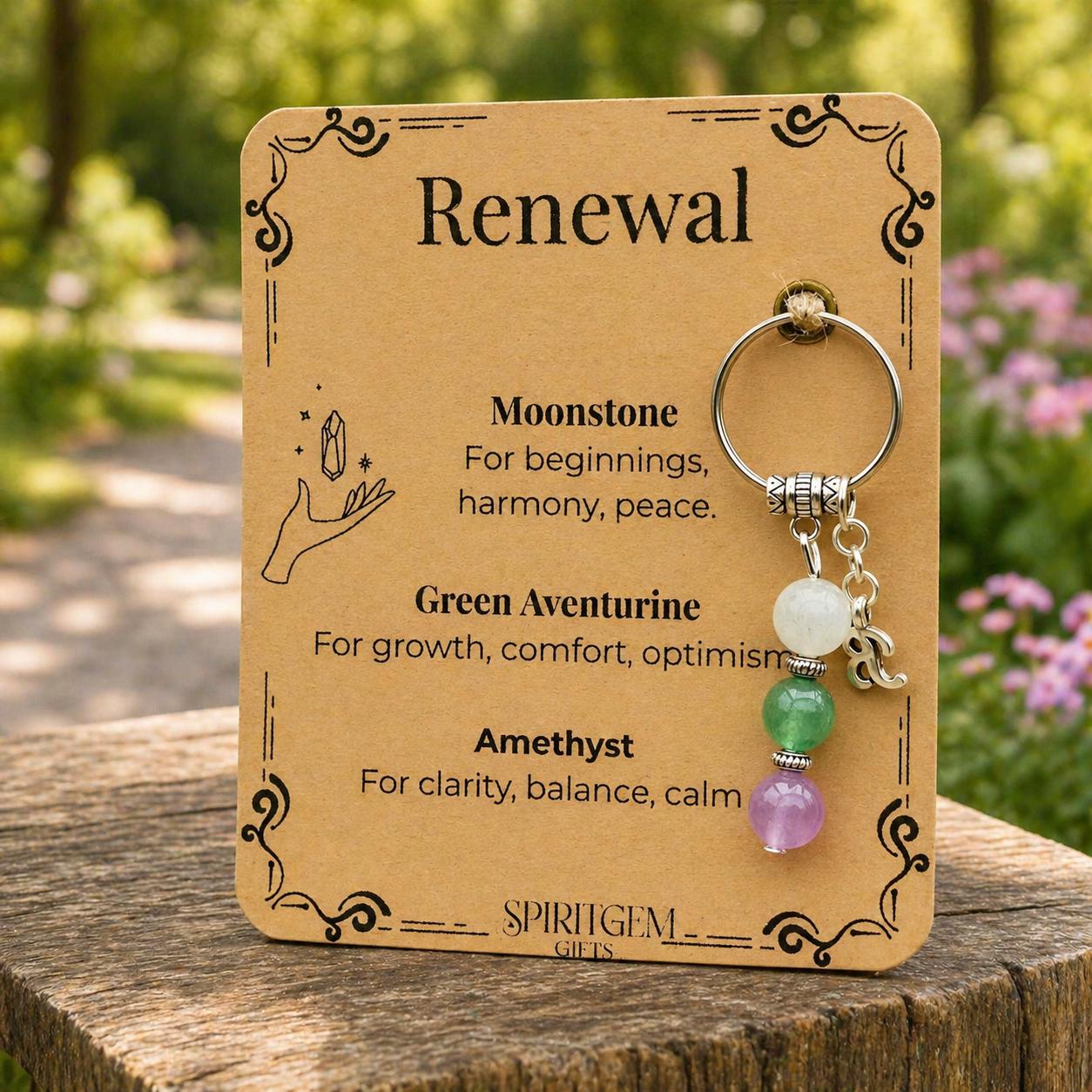 Renewal Gemstone Keyring, Moonstone, Green Aventurine, Amethyst, New Beginnings Gift
