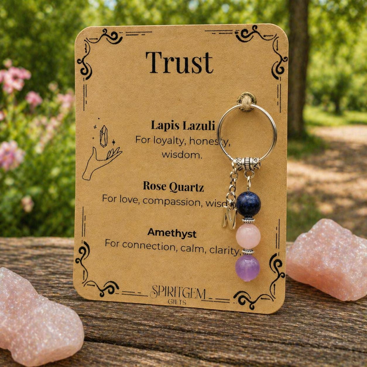 Personalised Trust Keyring, Lapis Lazuli, Rose Quartz, Amethyst, Loyalty Gift