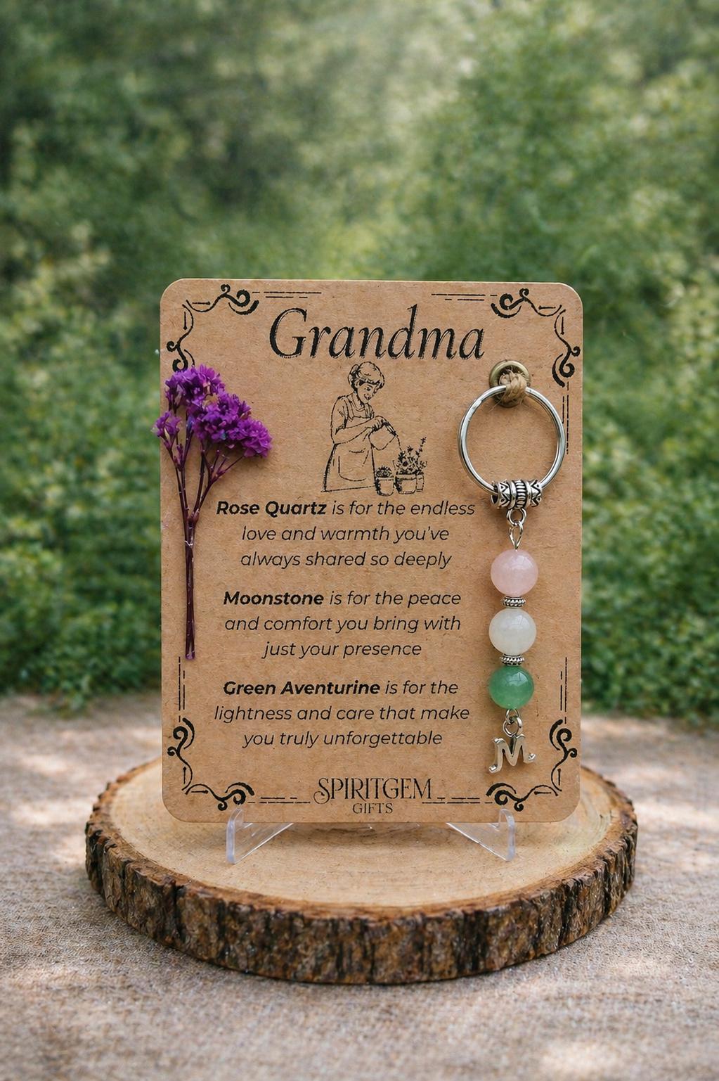 Personalised Grandma Gemstone Keychain: Rose Quartz, Moonstone, Aventurine Keepsake