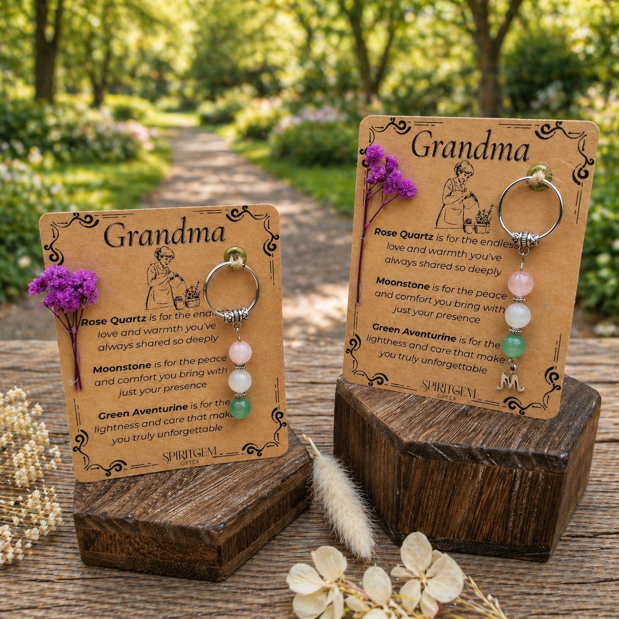 Personalised Grandma Gemstone Keychain: Rose Quartz, Moonstone, Aventurine Keepsake