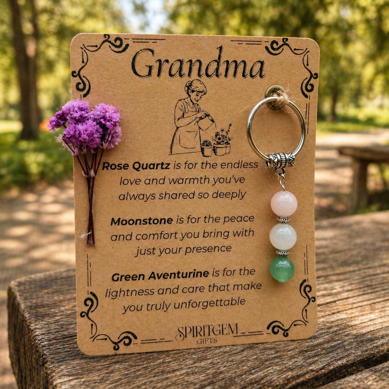 Personalised Grandma Gemstone Keychain: Rose Quartz, Moonstone, Aventurine Keepsake