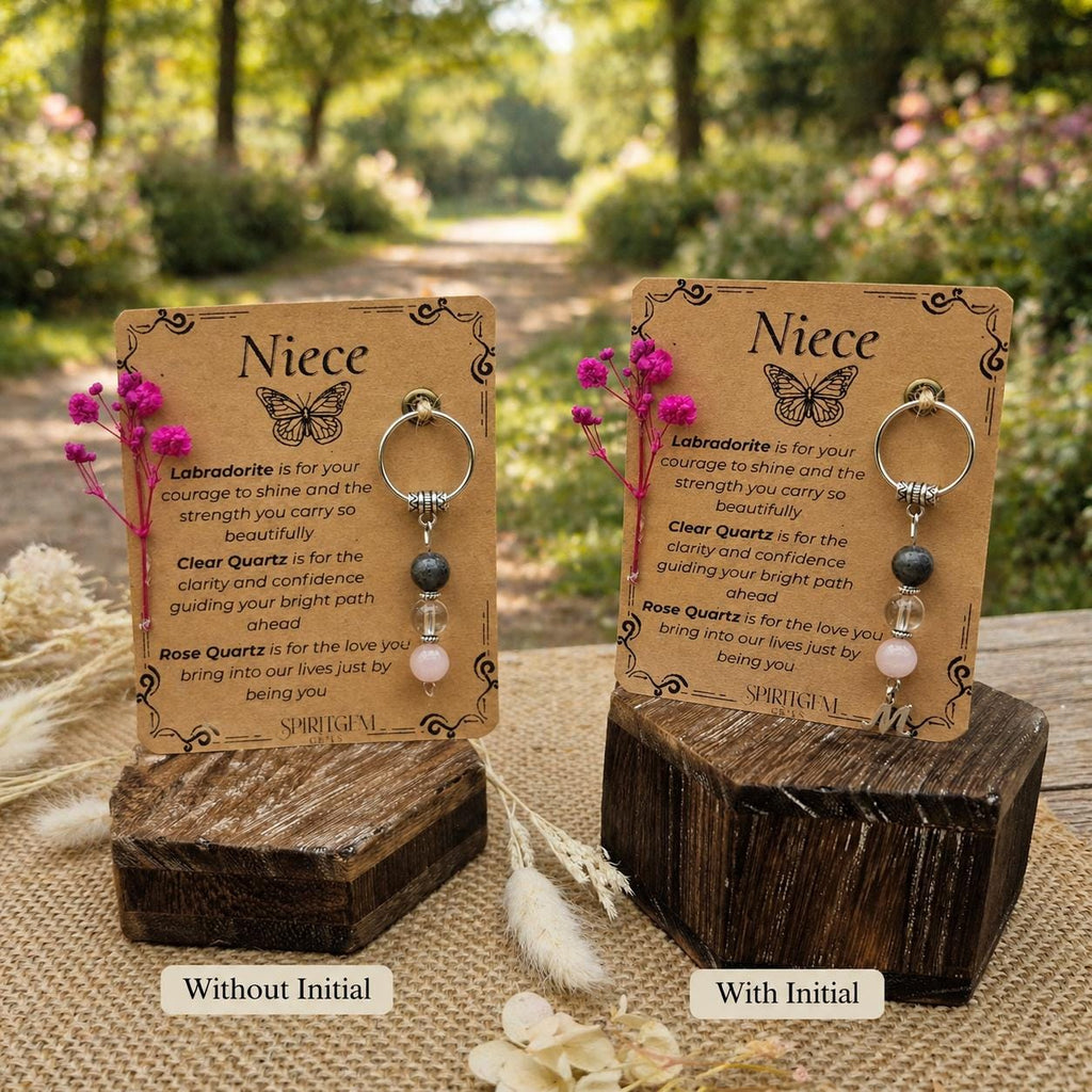 Personalised Niece Special Gift: Labradorite, Clear Quartz, Rose Quartz Charm