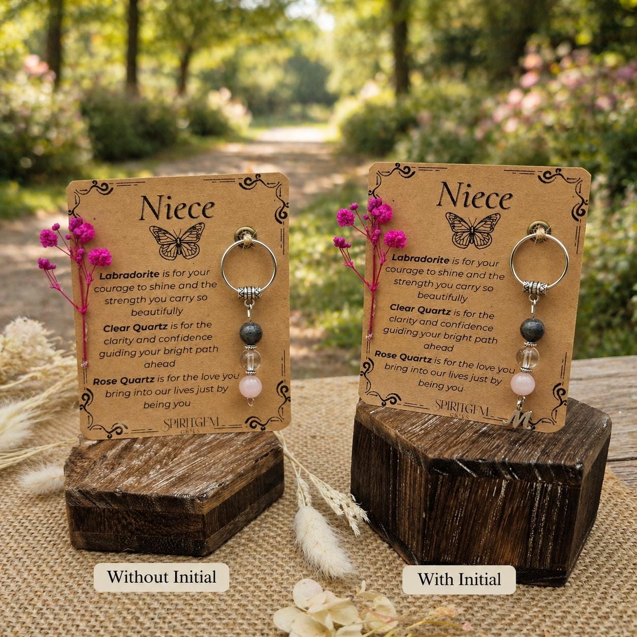 Personalised Niece Special Gift: Labradorite, Clear Quartz, Rose Quartz Charm