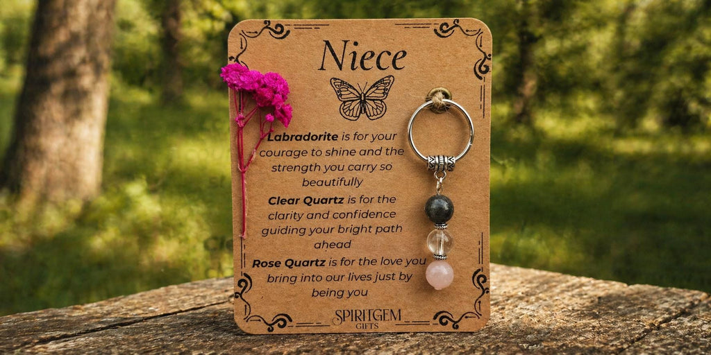 Personalised Niece Special Gift: Labradorite, Clear Quartz, Rose Quartz Charm