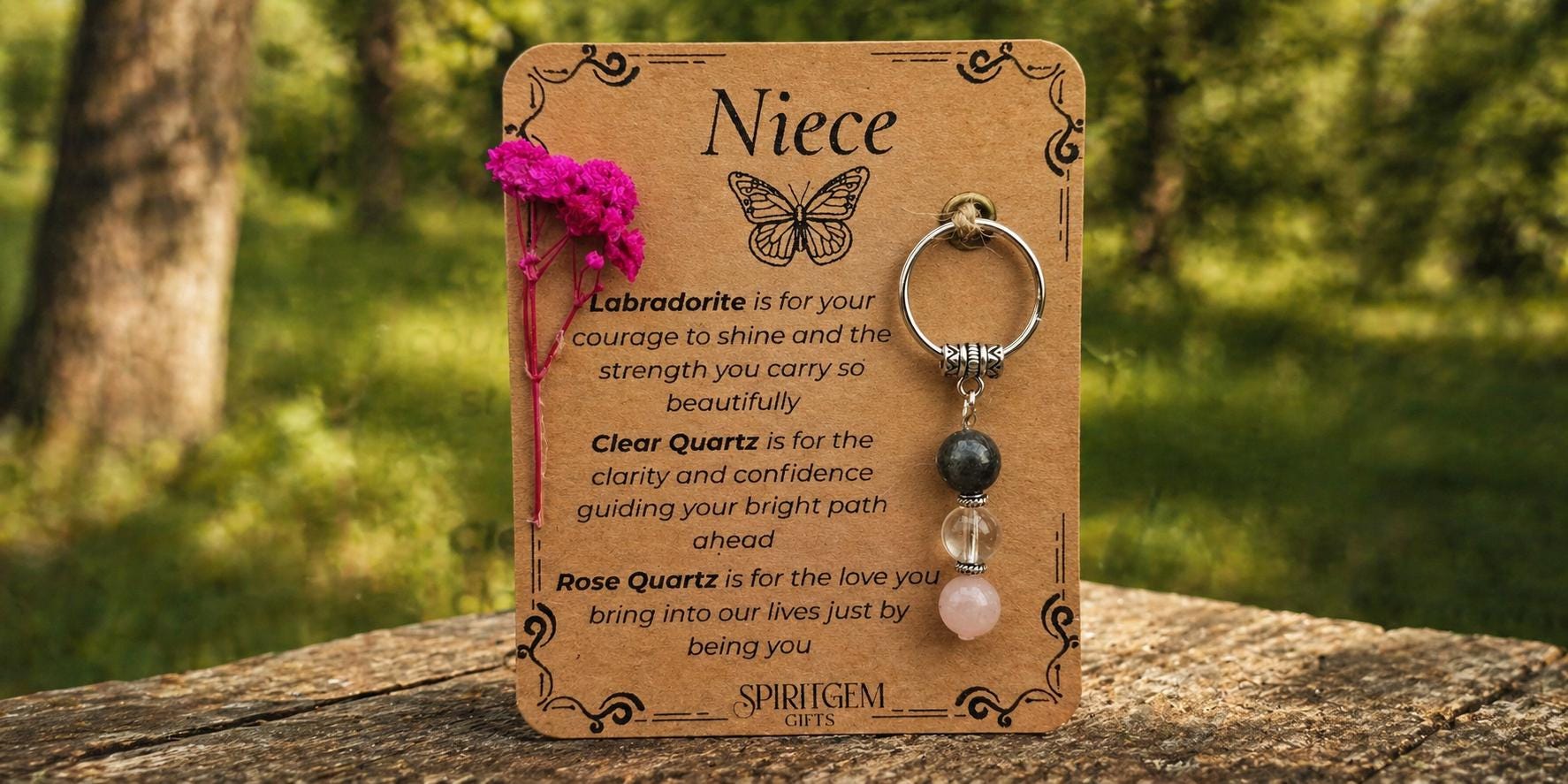 Personalised Niece Special Gift: Labradorite, Clear Quartz, Rose Quartz Charm