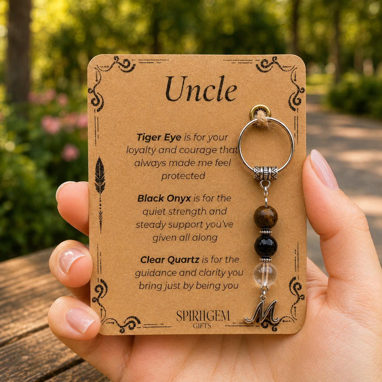 Personalised Uncle Crystal Keyring, Tiger Eye, Black Onyx, Clear Quartz, Gifts