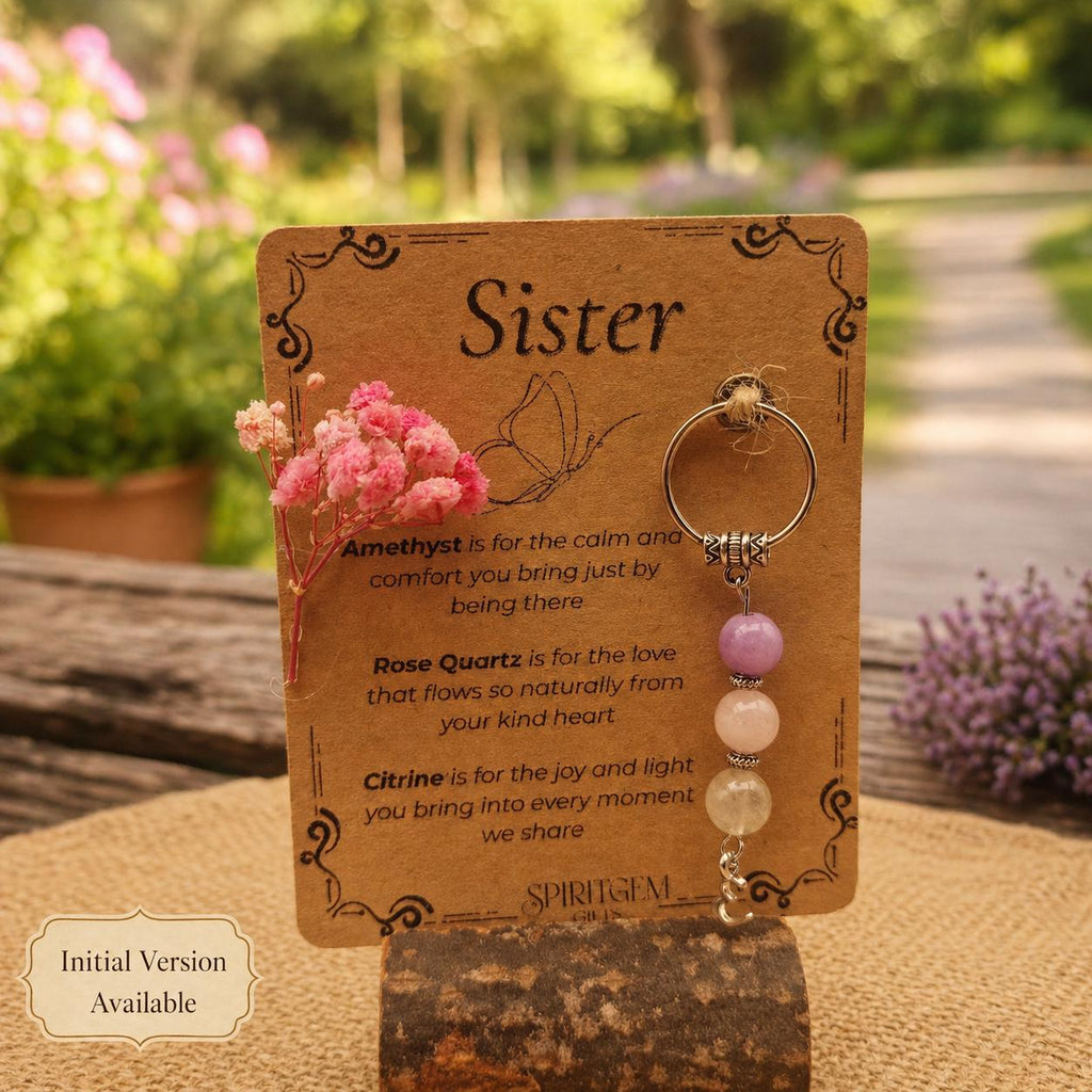 Personalised Sister Gift: Amethyst, Rose Quartz, Citrine Crystal Keyring (Birthday Keepsake)