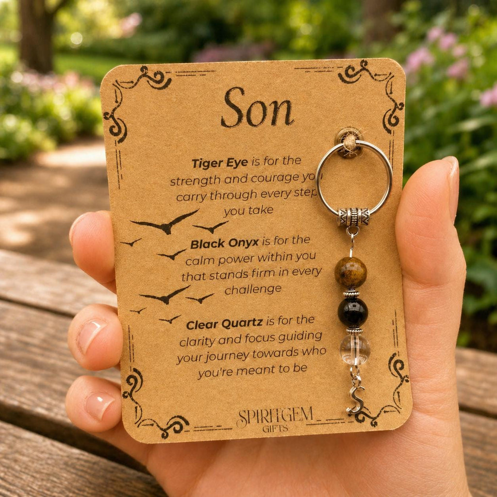 PERSONALISED SON keyring. Gift from Mum or Dad, Crystal Keyring with Meaning, Birthday Keepsake for Teen Boy, Inspirational Gift