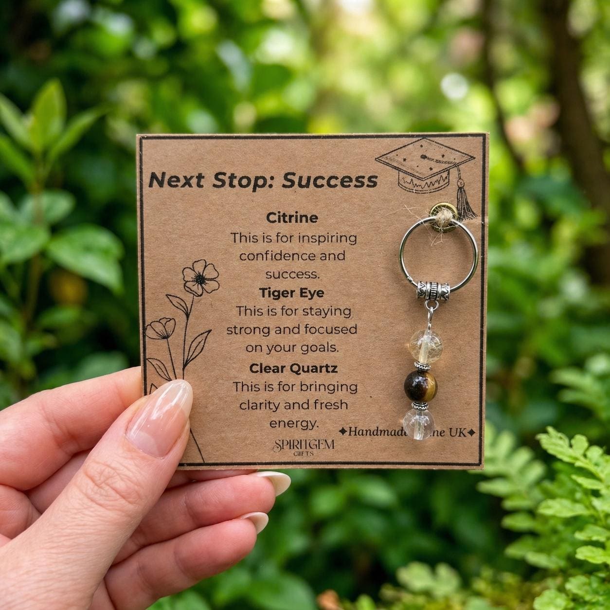 Personalised Success Crystal Keyring, Citrine Tiger Eye Clear Quartz, Graduation Gift