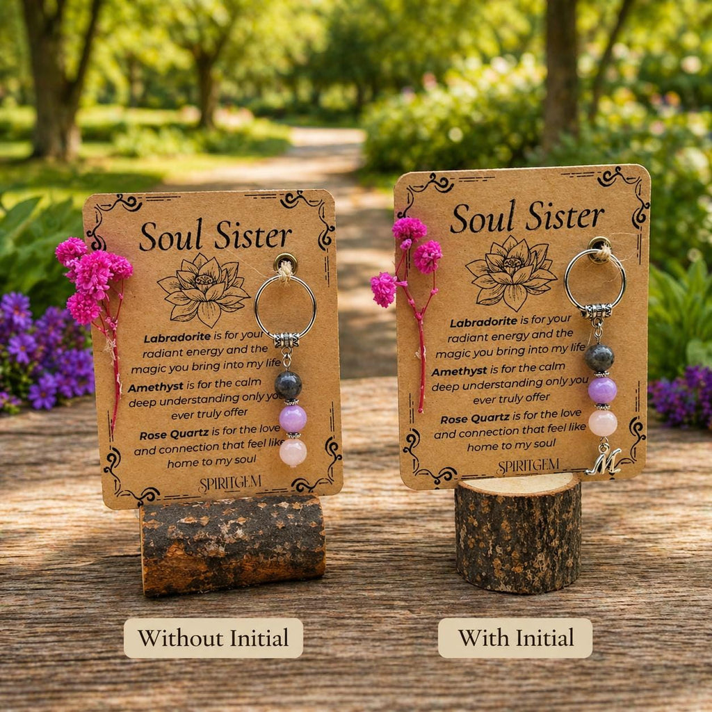 Personalised Soul Sister Gift Keyring, Labradorite Amethyst Rose Quartz