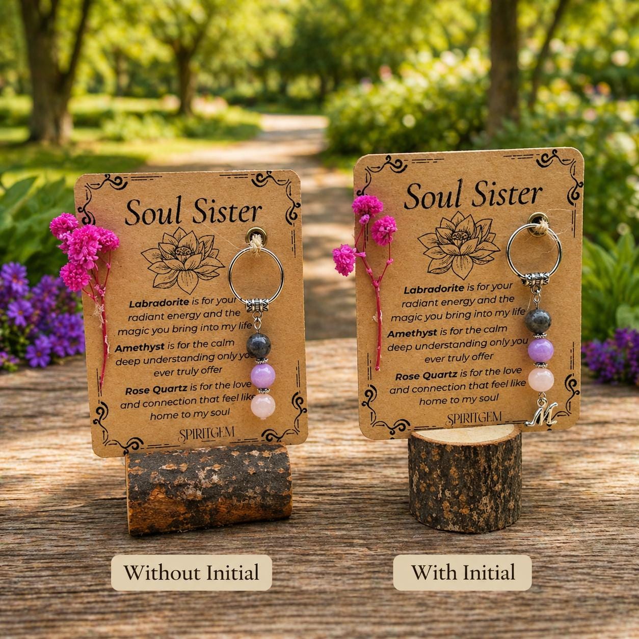 Personalised Soul Sister Gift Keyring, Labradorite Amethyst Rose Quartz