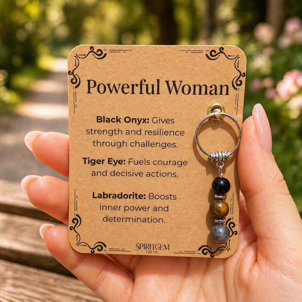 Personalised Powerful Woman Crystal Keyring gift for her Black Onyx, Tiger Eye, Labradorite Keepsake